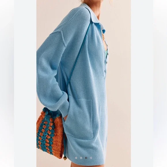 FREE PEOPLE BEACH RIBBED PICNIC SWEATER MINI DRESS  BLUE - Picture 2 of 16